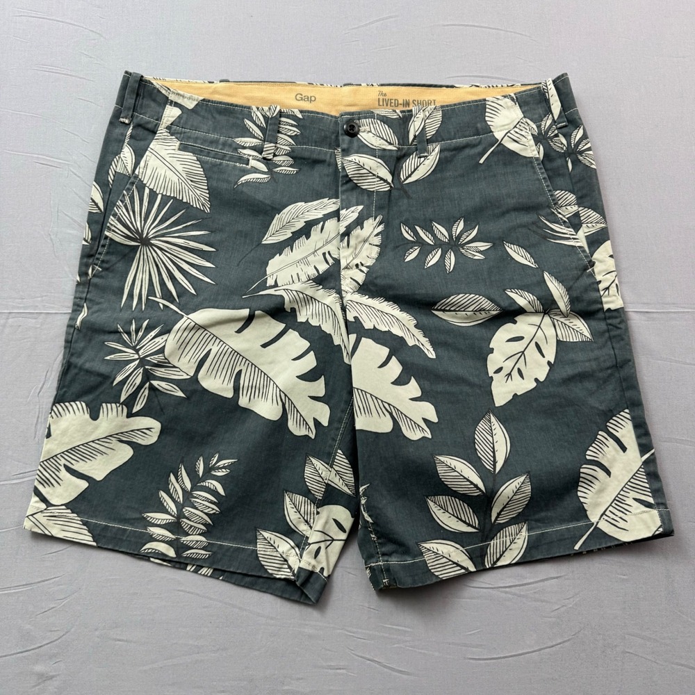 Gap The Lived-In Short Mens 38 Tropical Palm Leaf Print Grey Cream Casual Summer